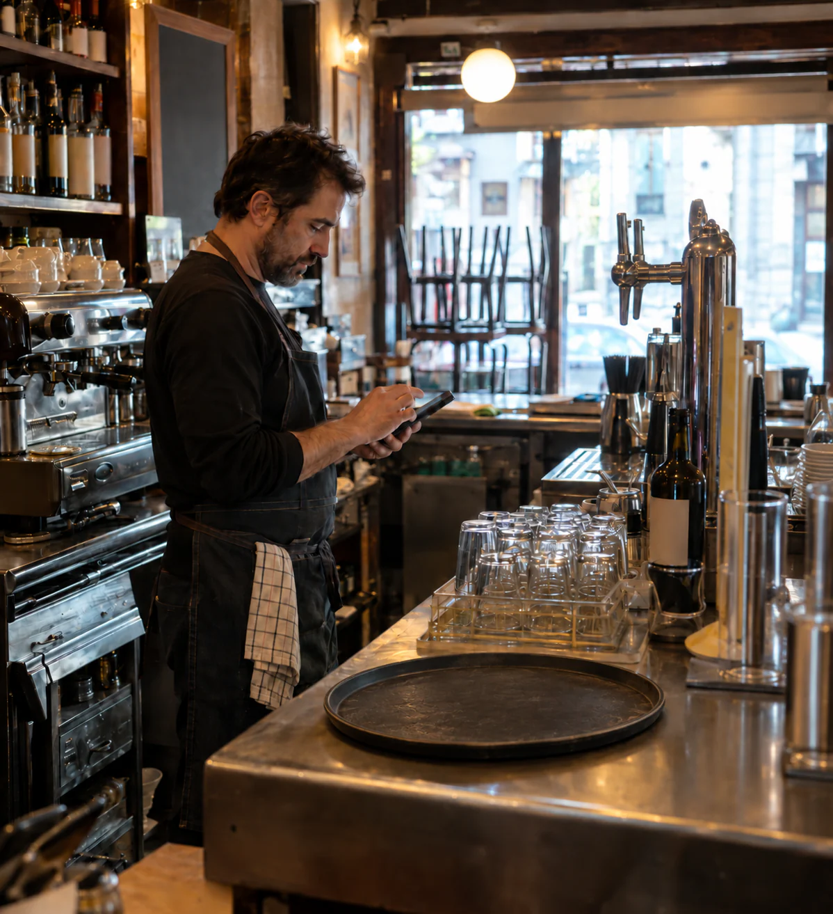 Camarero consultando una tableta junto a los grifos y la cafetera de la barra