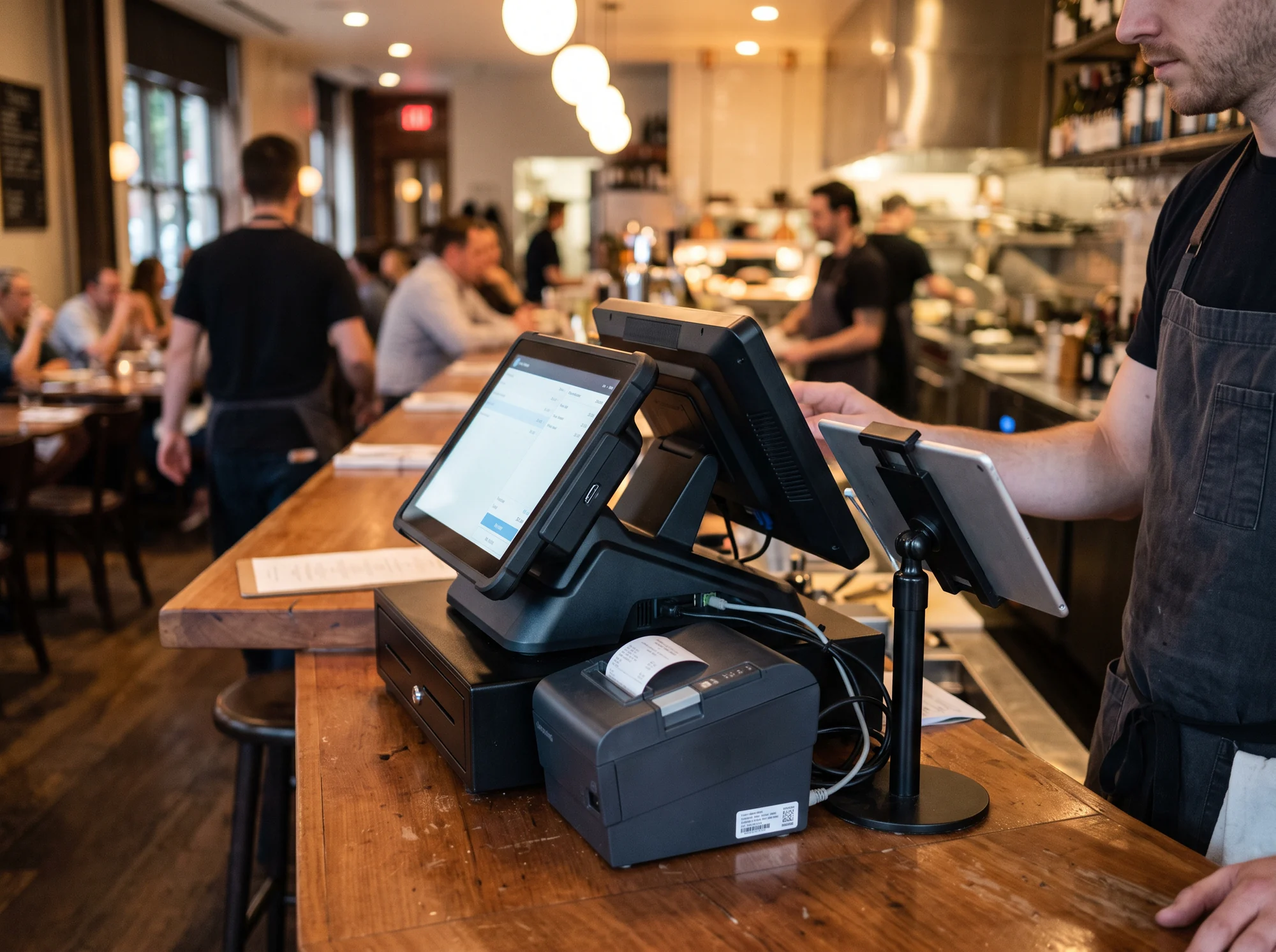 Camarero utilizando un TPV con impresora de tickets en la barra del restaurante